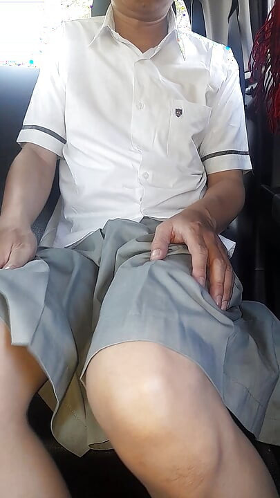 Asian Crossdresser Cum Wearing Grey School Girl Uniform