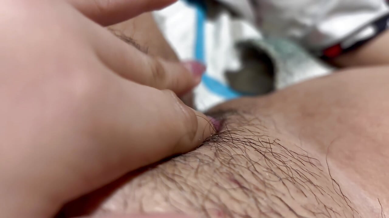 Sexy blonde jerks off her big hairy pink pussy until she cums
