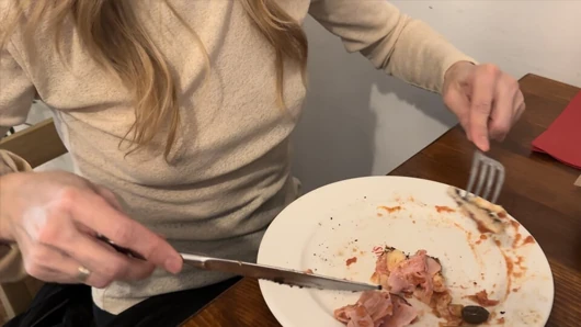 Having Pizza in a sheer blouse in public  in a restaurant exposing my big nipples