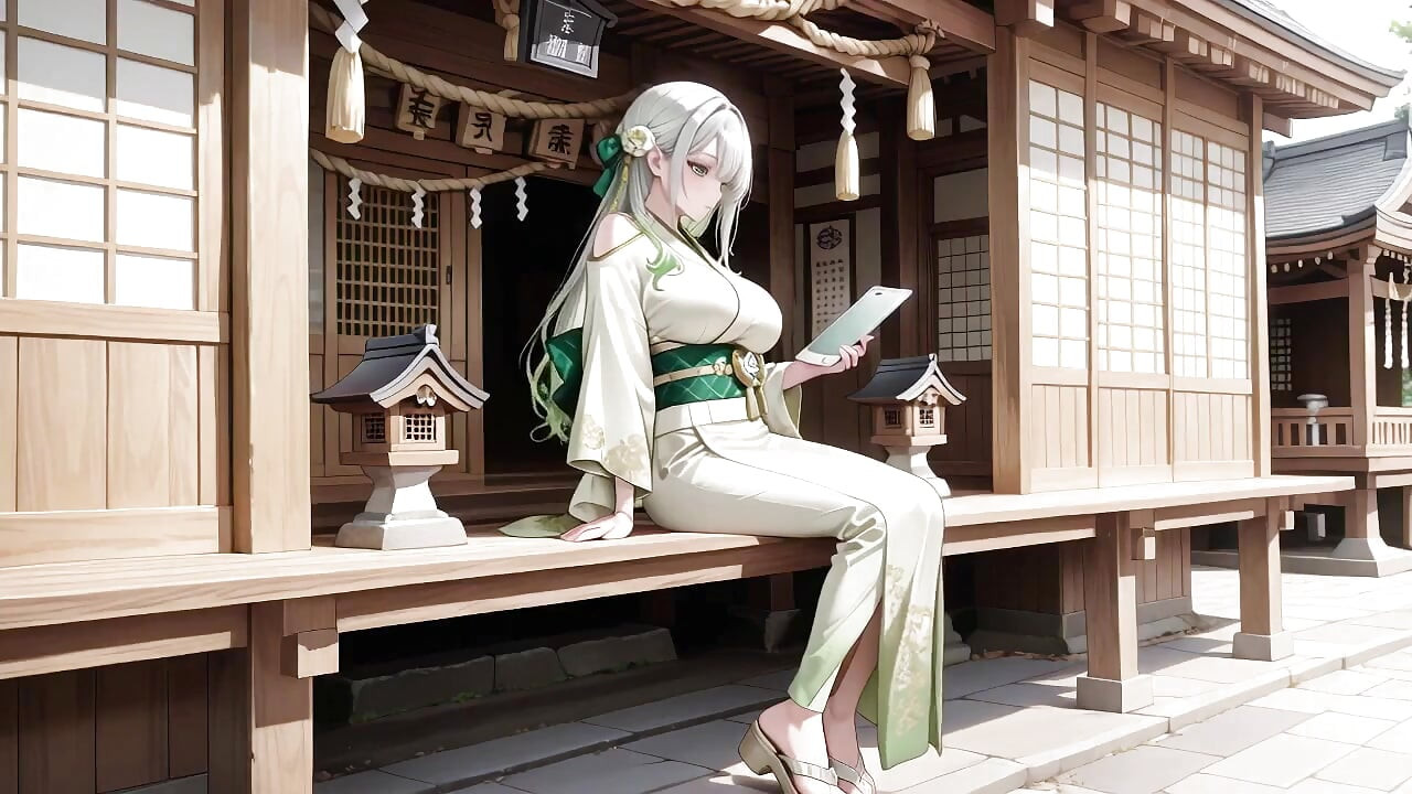 銀髮神社少女的秘密！懶洋洋地斜倚在紅色走廊里，裸露的肩膀和茂密的大腿暴露在外