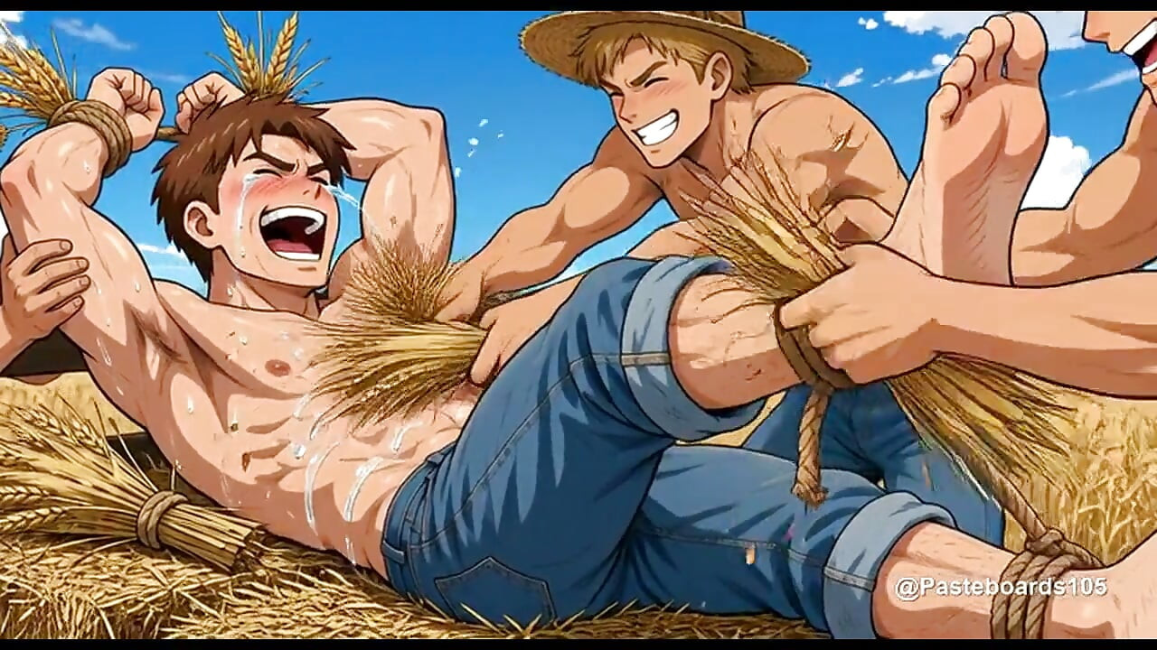 Roped Down On The Hay Wagon - Farmhand Tickled With Wheat Stalks On His Ribs And Bare Soles (2D Anim
