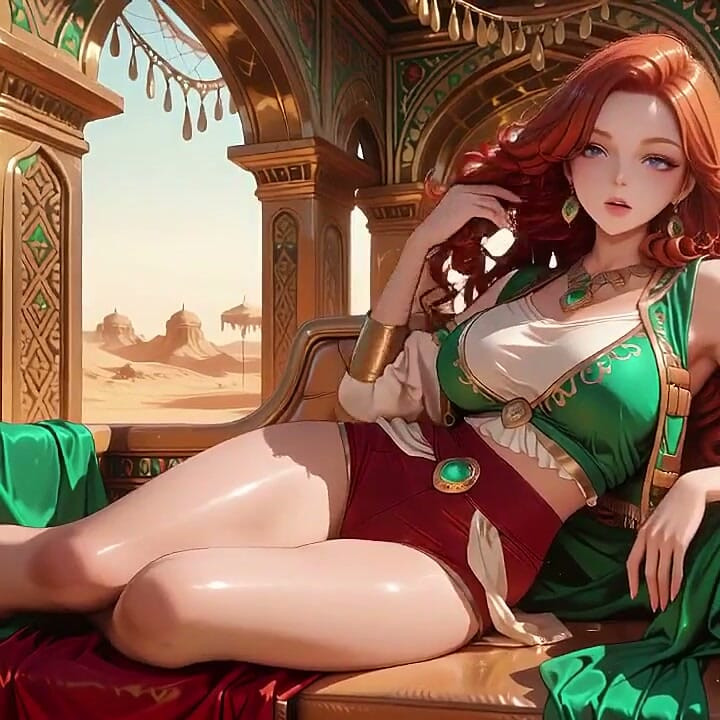 Lazy Seduction in the Desert Palace, Green and Red Tight Bodysuit Hugging Her Curves.