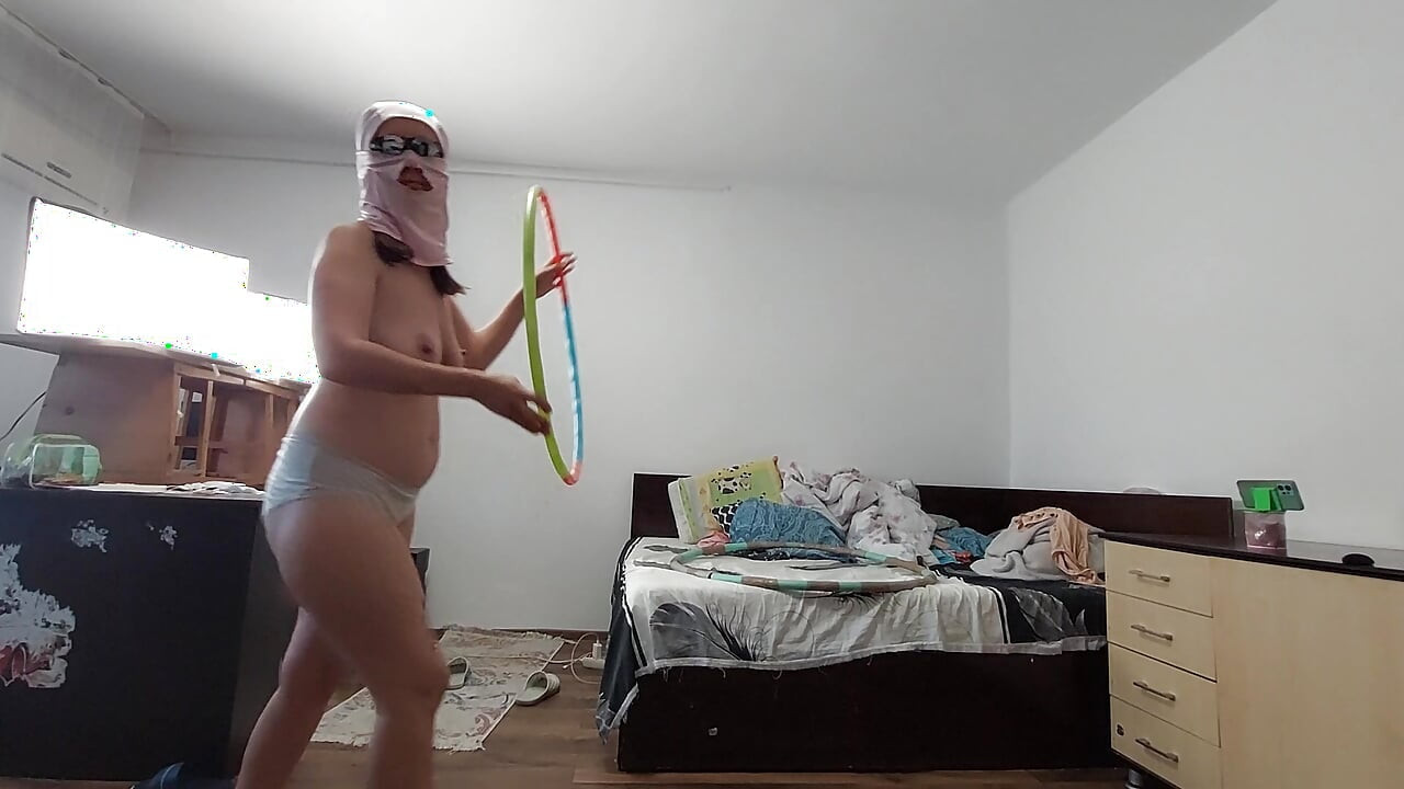 Sexy wife workout at home naked. Sexy brunette tries on pantyhose, hairy pussy, big ass, big tits.