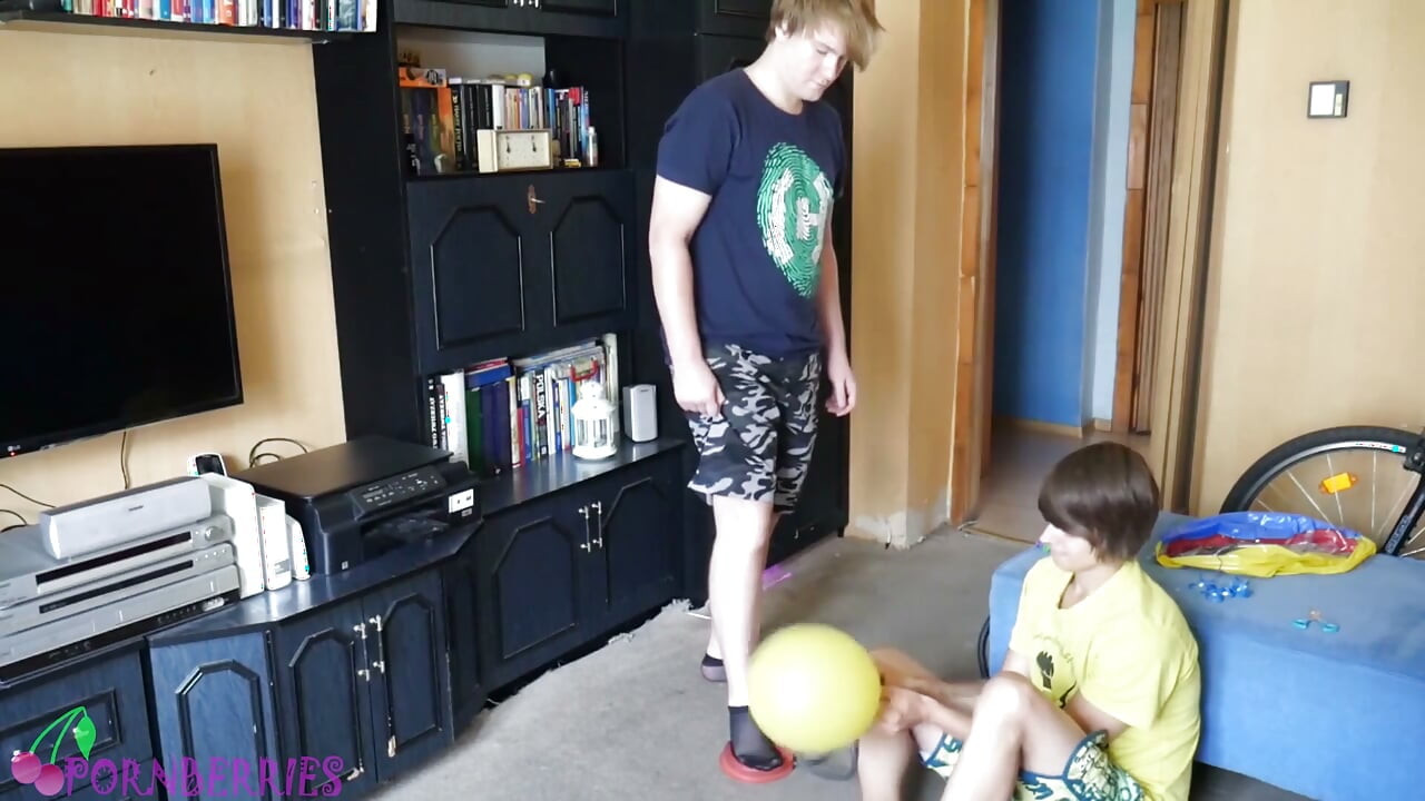 Thin, black socks blowing up balloons + footjob