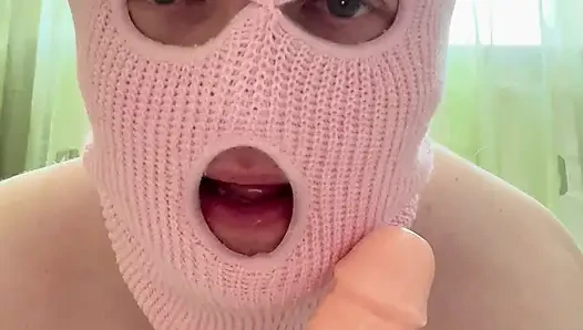 Linasissyboy in a chastity belt shows herself off, teases you and sucks a dildo deepthroating