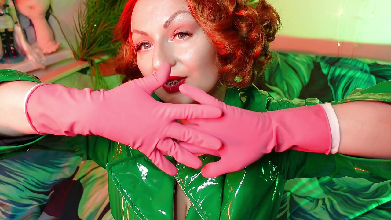 Pretty pin up model Arya and pink latex household gloves
