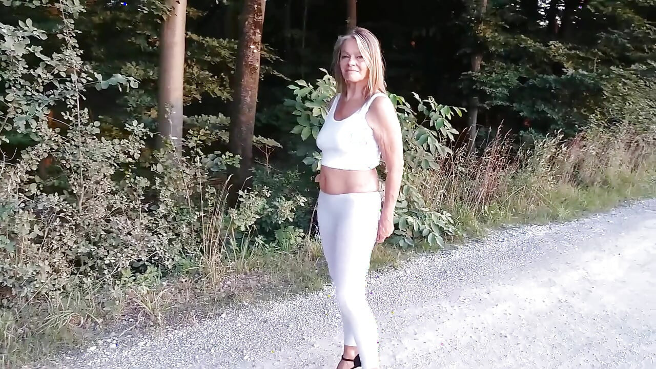 Mature Woman in White Leggings Outside!