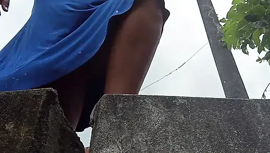 Hot housewife shows her pussy outdoors on rainy day