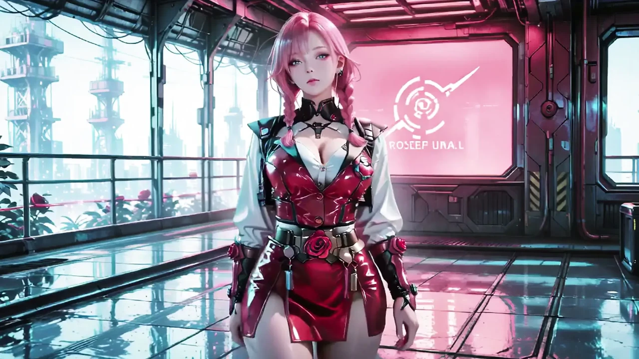Pink-haired Mech Warrior! Kneeling in Neon Streets, Red Rose & Cold Armor Contrast, Fingertips tracing collarbones.