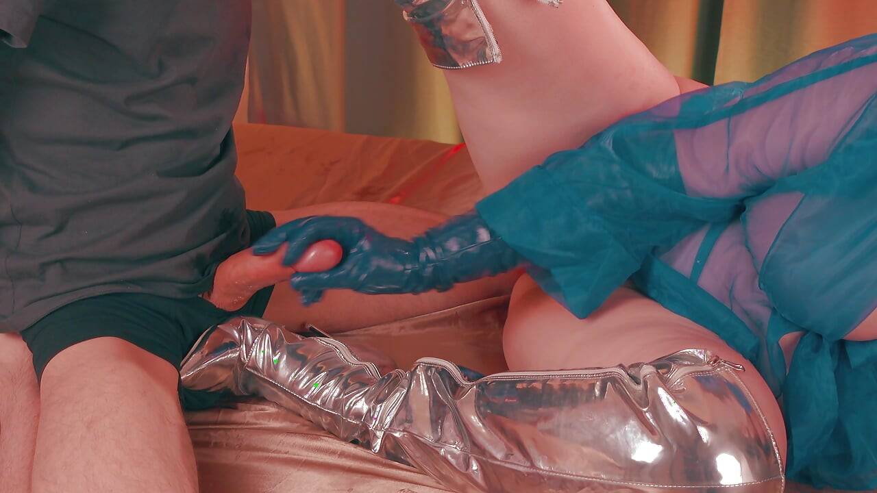 Big Ass Facesitting Handjob- Latina MILF Edges Skinny Guy& Makes Him Taste Cum, in raincoat, thigh-high boots, leather glove