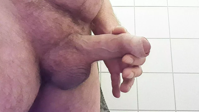44 old Daddy Bear jerking his big uncut cock a public toilet again with cumshot (frontview)