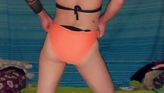 Blue mini ,orange bikini and belt preparing for my dildo