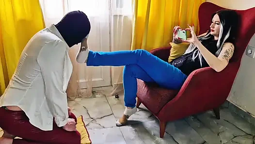 After a long walk in sneakers, my feet are sweaty. It's time for a foot massage from my submissive.