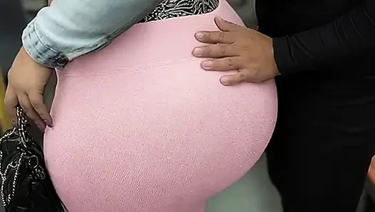 "Balaclava BBW Gets Ass  in Tight Shiny Pink Pants - Public Bus"