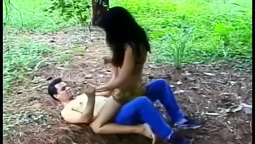 Sunburnt tranny Claudia Junior with big belons explored dude's button hole with her massive tool in the forest