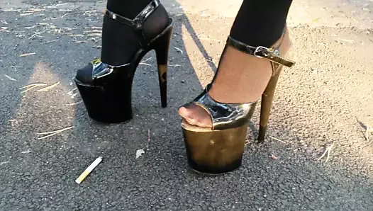 Lady L walking with extreme high heels and smoking.