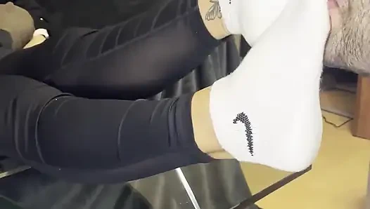 Dirty White Sneaker Worship - Smelly Socks in Face with Valeria Night (front View)