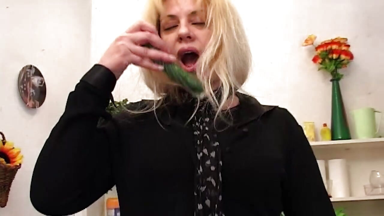 Blonde MILF Stretched Wide by Cucumber and Throbbing Cock