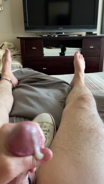 Short POV end of bate with cum spilling from my dick slit in my fat mushroom cock head.