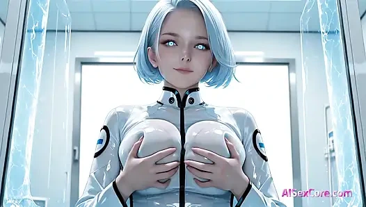 Blue hair draped android pulses while rough sex overloads her perfect core