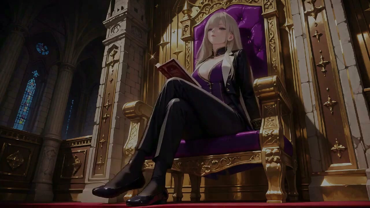 Une reine blonde en uniforme violet de la cour ! Lazy sur le trône, les yeux pleins de désir