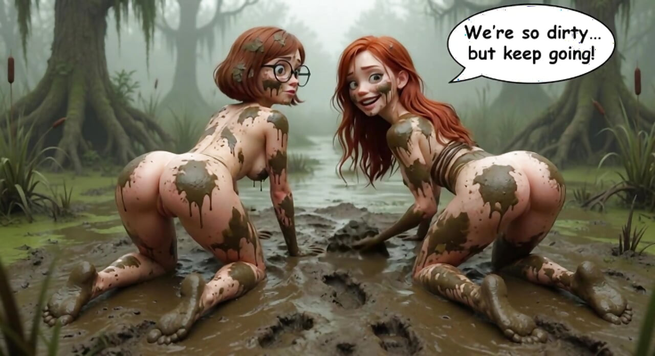Two stunning women lose their clothes in a dark swamp searching for their friend and end up naked in the mud (AI generated)