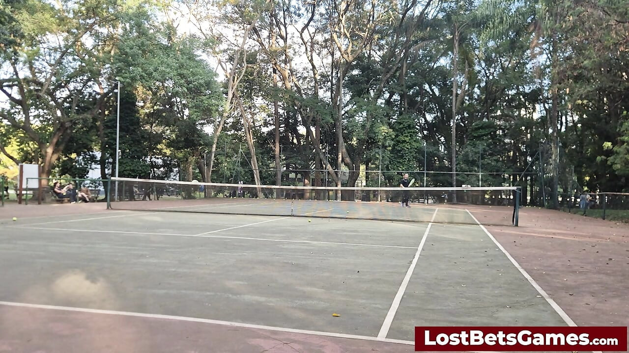 An outdoor strip tennis match with Rafaela and Igor
