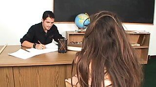 Hot brunette student fucks teacher on his desk to get better grades