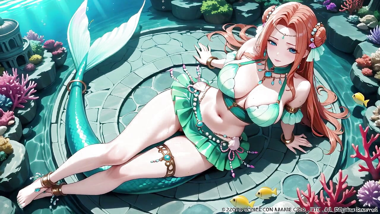 붉은 머리 인어 공주의 수중 궁전 프라이빗 투어, 곡선을 감싸는 그린 비키니, 부드러운 모래 위의 하이힐 부츠,