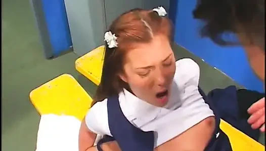 Brown hair student babe gets cum after sweet double penetration in locker room