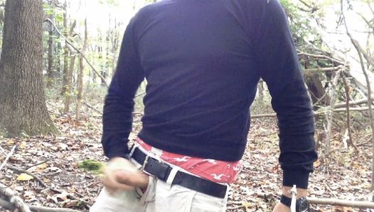 Public masturbation in the woods, showing a nice sag in my Hollister boxers and cargo shorts.