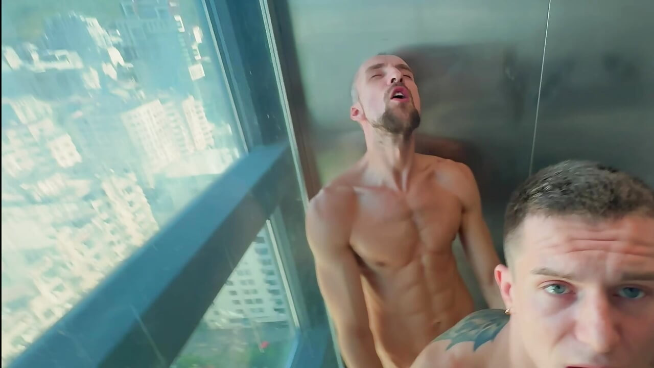 Hot twink fuck in the elevator - his asshole swallows a huge cock and cum on his face