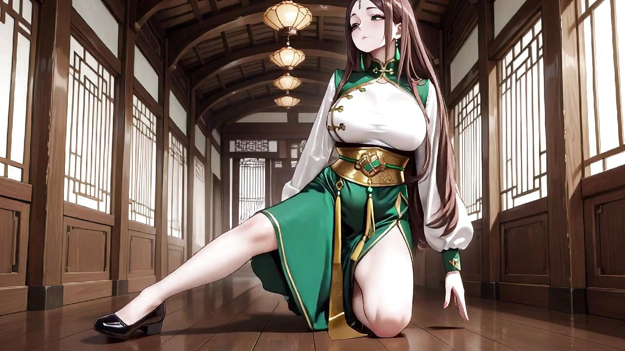 Die schwarz-gold-qipao-dame kniet auf dem Holzkorridor nieder und spielt mit ihren haaren, brötchen, sonnenlicht trifft ihre haut