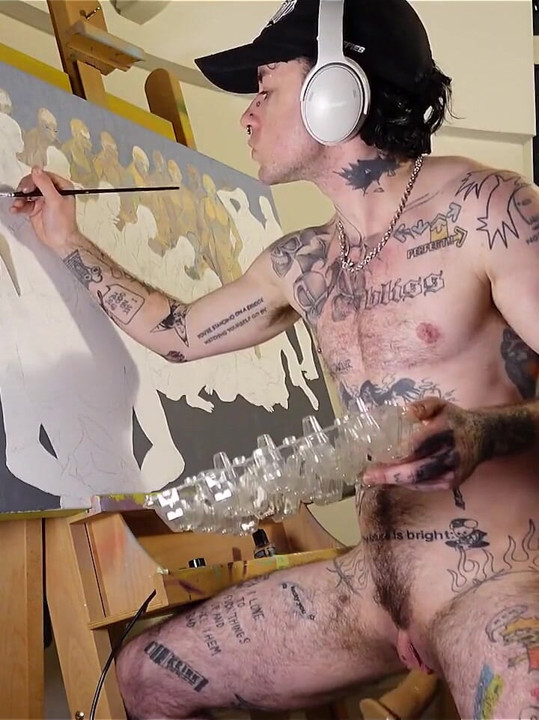 Horny Ftm Artist XXX Skips Works on a Painting While Getting His Pink Boy Pussy Pounded by a Fucking Machine