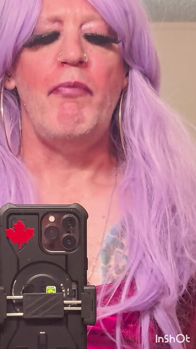 Crossdresser in Purple Masterbating with Cum Drinking Finish!