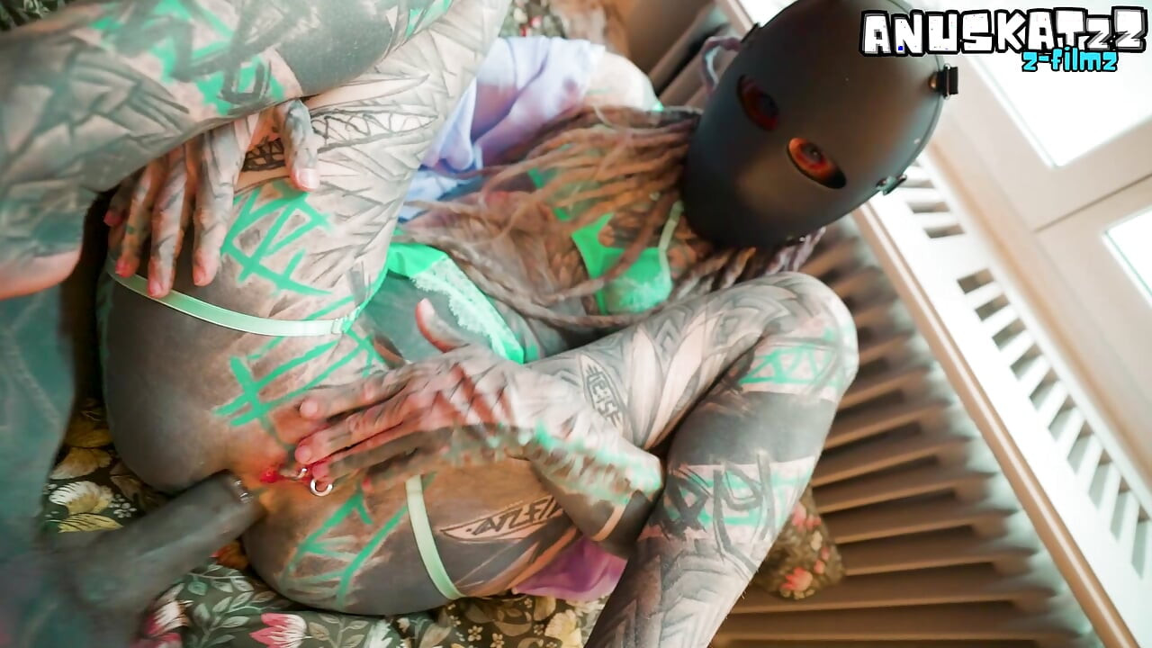 Tattooed Masked Slut Takes Hard Anal Creampie While Her Pussy Drips with Fresh Cum