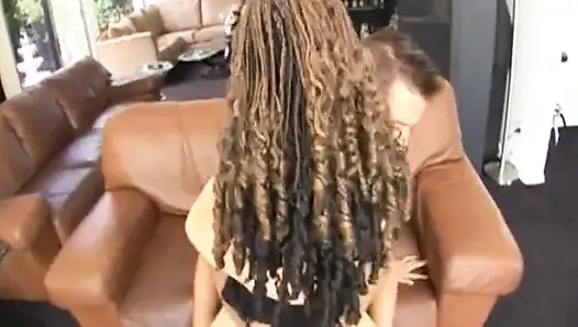 Hot Wild Ebony Beauty Jumps on a Big Hard White Cock!