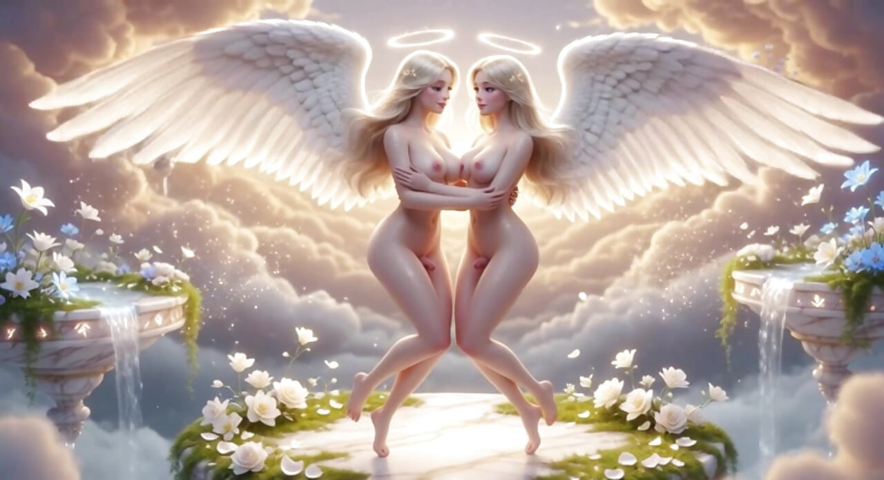 Muhteşem kanatları olan çarpıcı büyük memeli başmelekler Altın Şelale yakınlarındaki gök cennetinde tutkuyla kucaklaşıyor