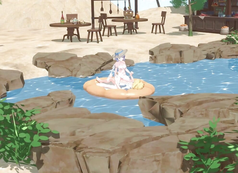 Genshin Impact - Ayaka, Barbara a Nilou's Secret Beach Sex s Aetherem - Svůdné sténání - 3D NSFW Animace