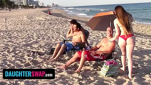 Stepdaughter Swap - Horny teens seduces each others daddies by getting topless while sunbathing