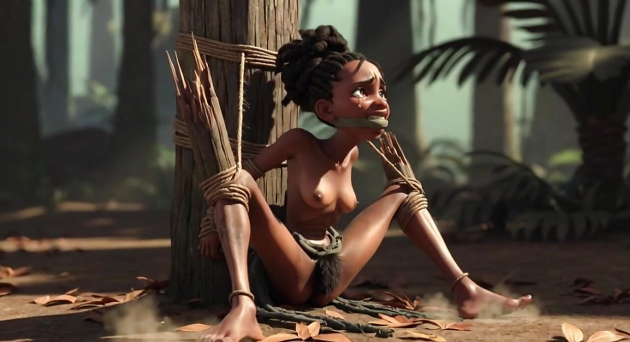 African Girl Bound in Rope Bondage - Hairy Wet Pussy Craving for Cock