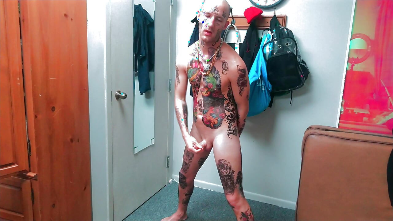 Fully Tatted Man Dildo Fucked