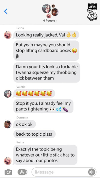 Memorable moment from "Muscle Futanari Groupchat - 3 muscular futa giantesses give workout advice, send nudes and chat"