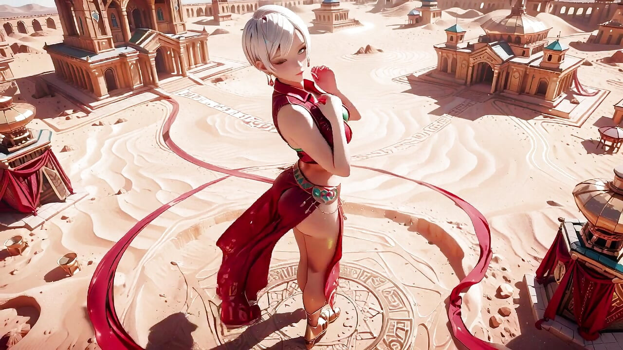 Fantasia no deserto! Dança privada da Santa de cabelo prateado no palácio vermelho-dourado, fitas de luz a envolvê-la.