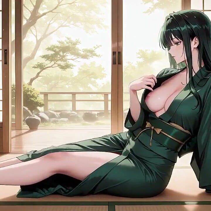 Deep Green Kimono! Private Shrine Stroll, High Slit Accidents!