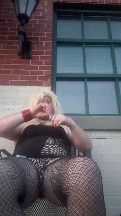 Sissy slut playing with bbc dildo in public