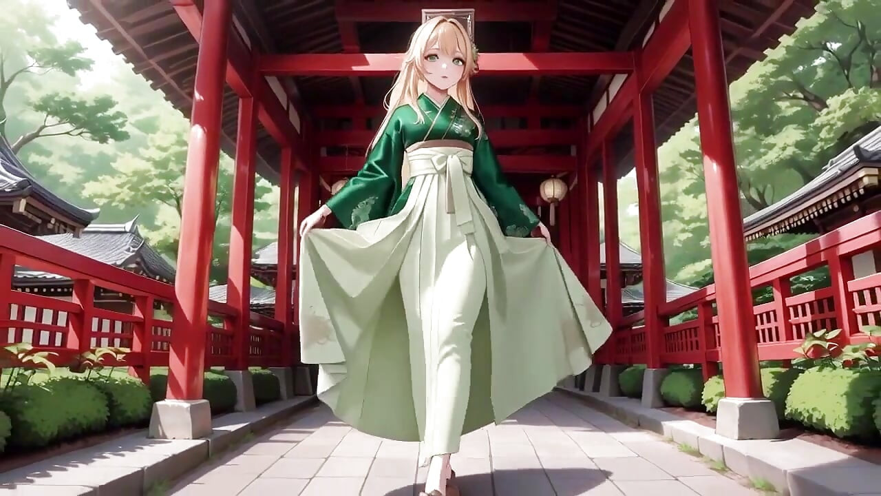 Une Japonaise paresseuse le matin dans le couloir, elle respire fort en touchant sa poitrine avec un regard brumeux en attendant ton toucher