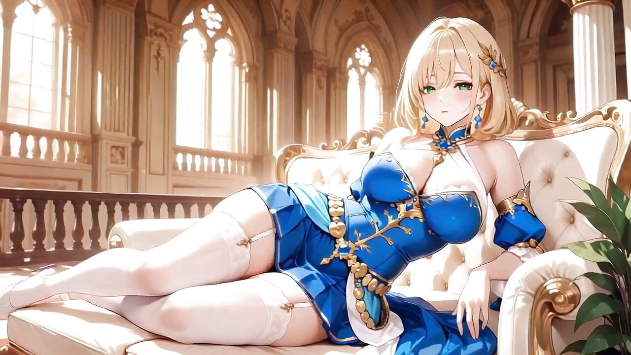 Vestido de oro azul abraza sus curvas, Languidly levantando faldas y ojos mojados burlándose de ti. ¿Quién puede oponerse a este contraste?