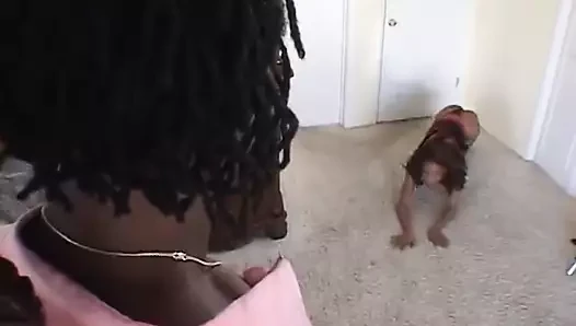 Horny ebony slut takes a huge BBC in her both holes