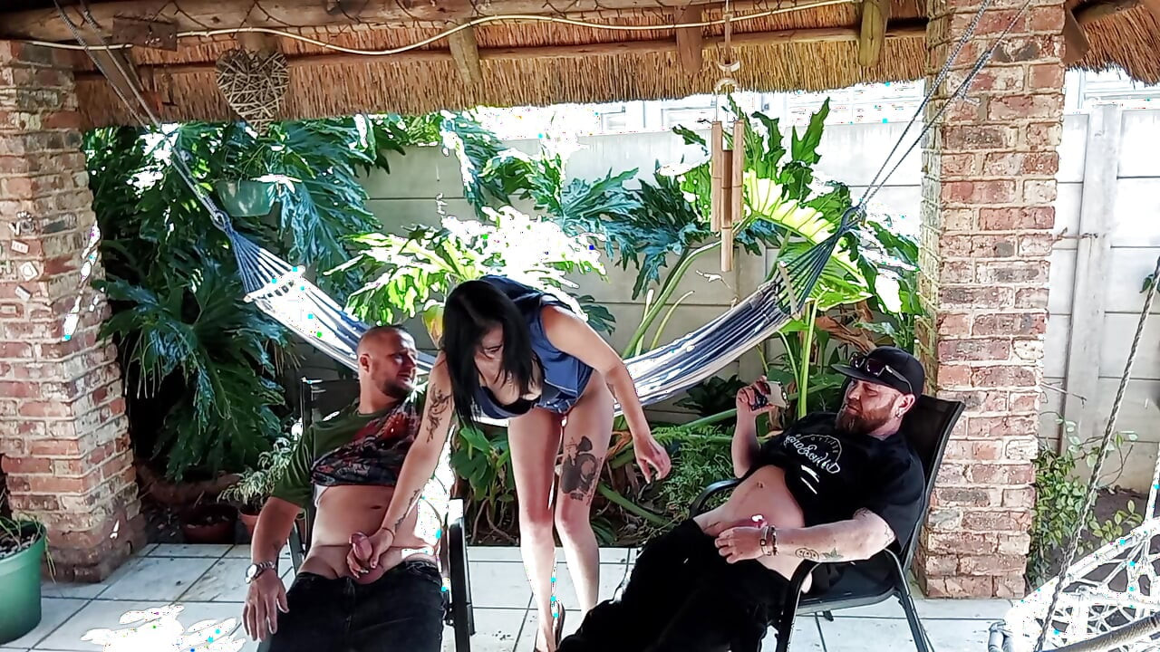 Hot girl playing with two old man's cocksb